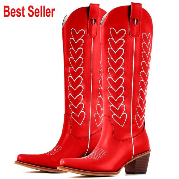 Shoes - Knee High Cowboy Boots with Hearts Embroidery, Chunky Heel, Western Style